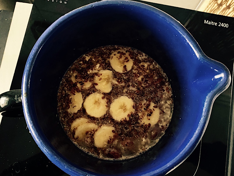 Bild von einem kleinen Topf mit Porridge, zu sehen sind Leinsamen, Haferflocken und in Scheiben geschnittene Bananen