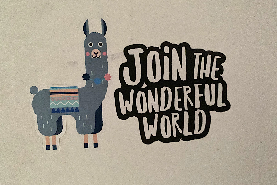 Sticker mit einem Lama und der Aufschrift "Join the wonderful world"
